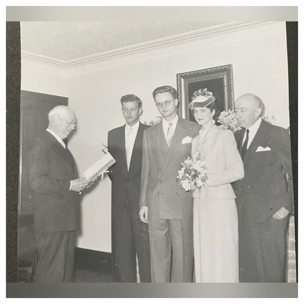 Wedding, May 24, 1954. Geza Por, Anna's father, on the left and Harry's brother Jack on the right. Married at Lytton Blvd.