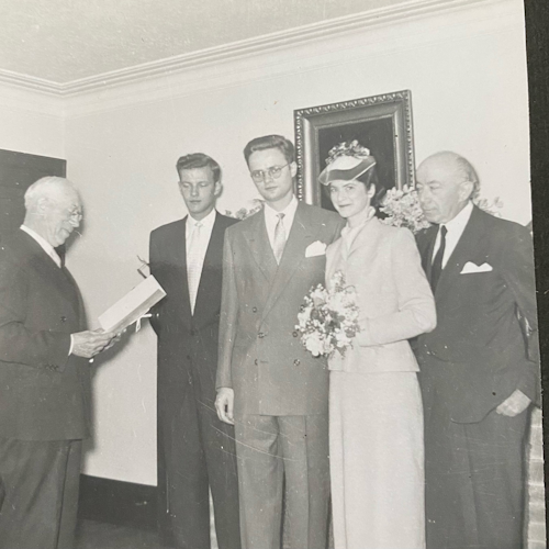 Wedding, May 24, 1954. Geza Por, Anna's father, on the left and Harry's brother Jack on the right. Married at Lytton Blvd.