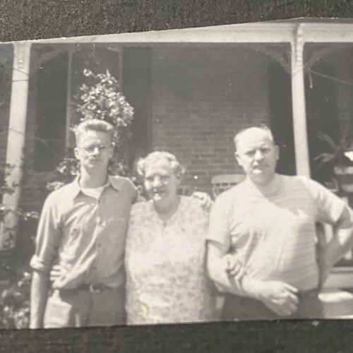 Harry (left) with his father and grandmother at the house his grandfather built in Tiverton, Ontario