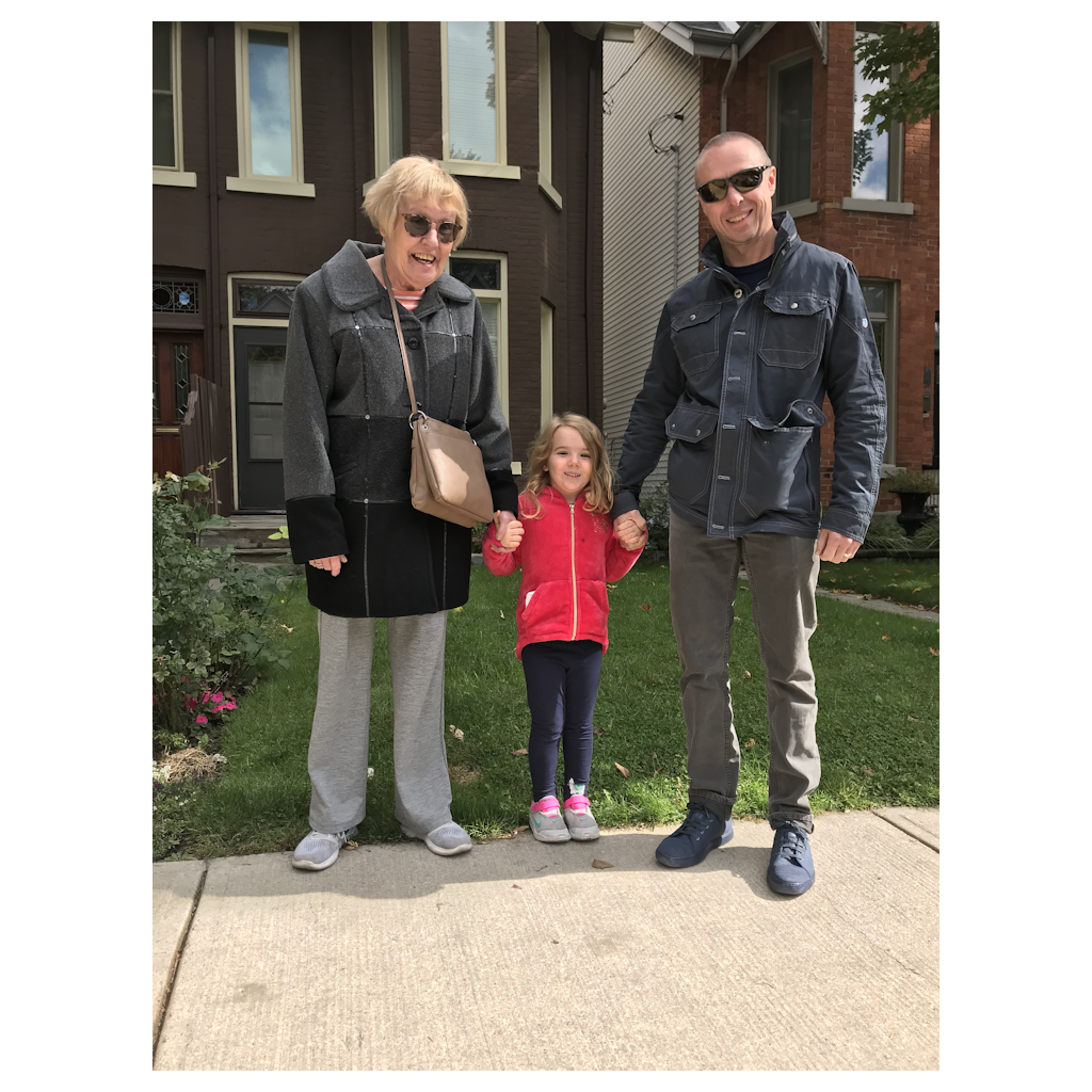Susan, Stella and Uncle Jeff going for a walk in Leslieville, Toronto. 