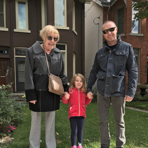 Susan, Stella and Uncle Jeff going for a walk in Leslieville, Toronto. 