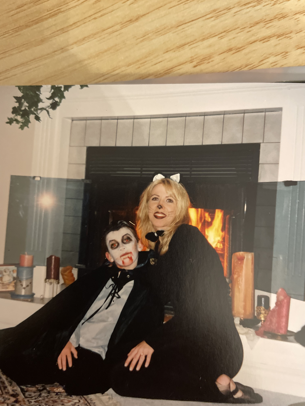Yvette and her son Matthew on Halloween! Spooky vampire and crazy cat lady 🧛🏻‍♀️🎃🐯 